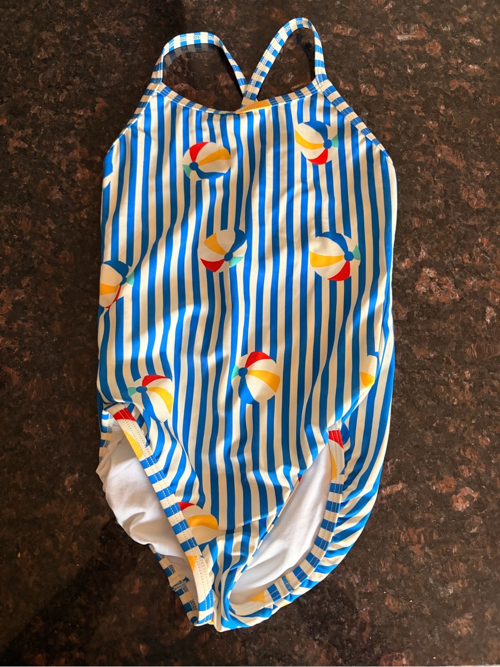 Hanna Andersson Blue & White Striped Swimsuit with Colorful Beach Ball Accents